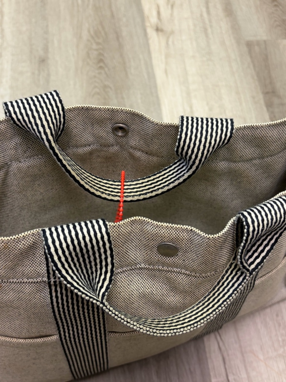 Authentic Hermes Canvas Tote Bag with Striped Handles - Beige - Picture 7 of 8